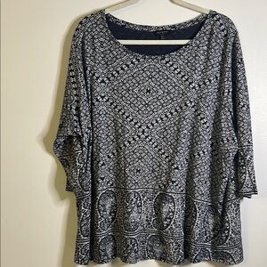 Lucky Brand boho paisley top size 3x blue white 100% cotton festival bohemian
